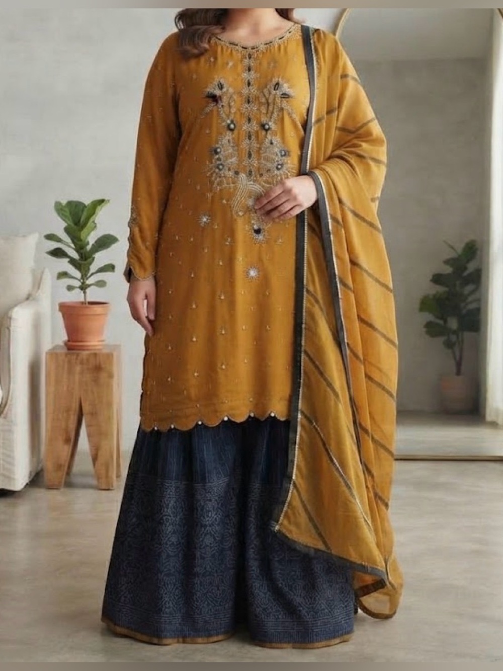 Shalwar kameez navy blue orange silk.Tie dye Duppatta. Embroidery palazzo. XL